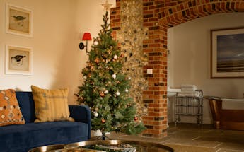 Artificial christmas tree next to blue sofa