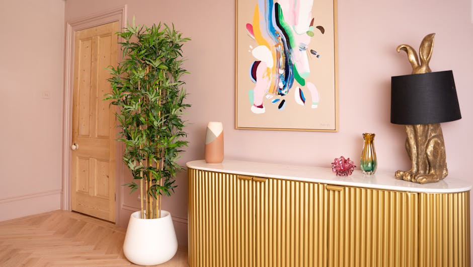 6ft artificial oriental bamboo tree in pink dining room