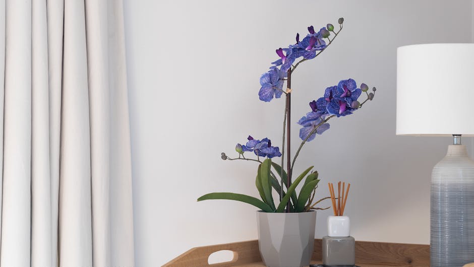 Artificial vanda orchid purple on livingroom sideboard