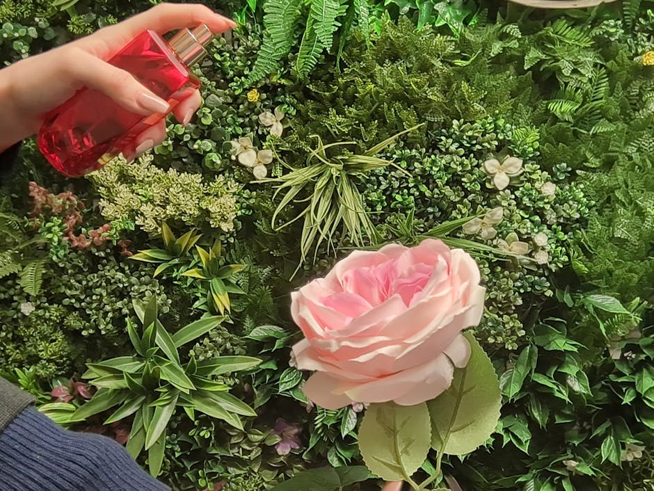 Spraying artificial cabbage rose with perfume