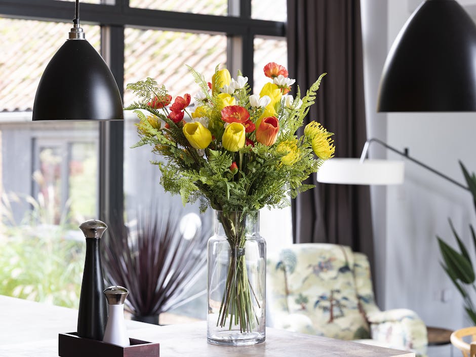 Artificial spring bouquet on a kitchen island