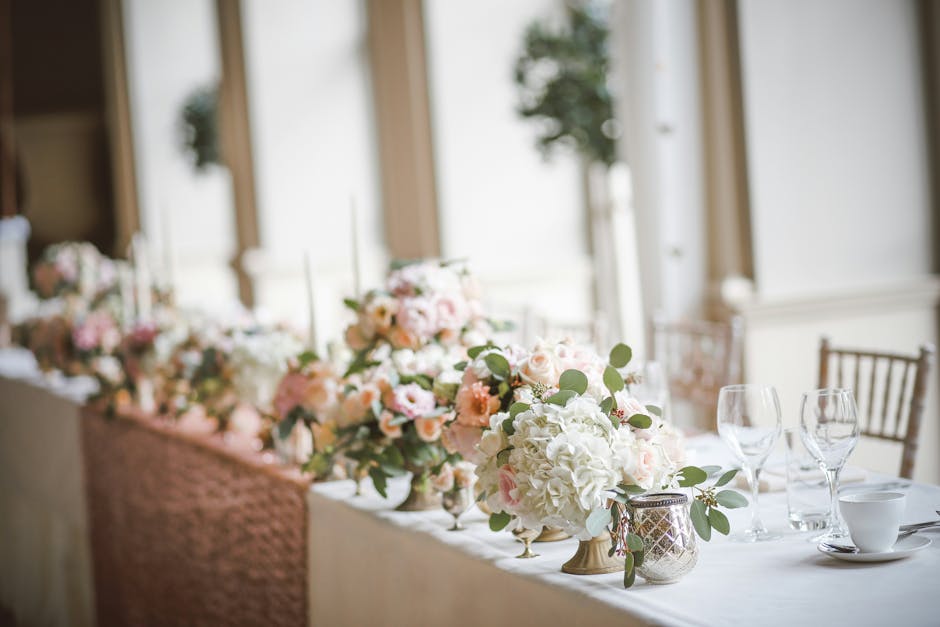 Wedding flowers along a table