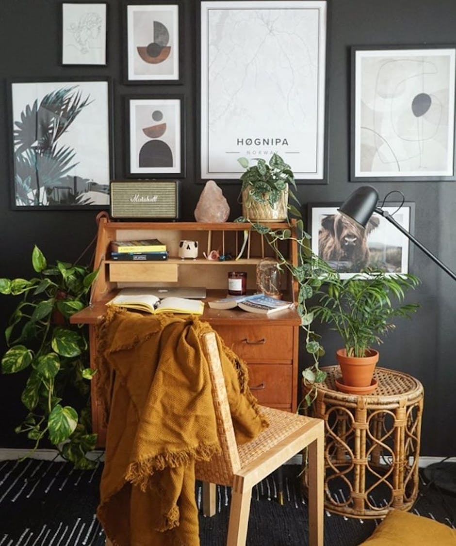 Black work from home space with houseplants