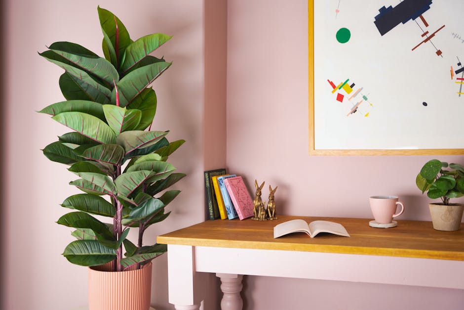 Artificial rubber plant on wooden desk in pink bedroom