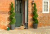 Artificial cedar spirals outside front door