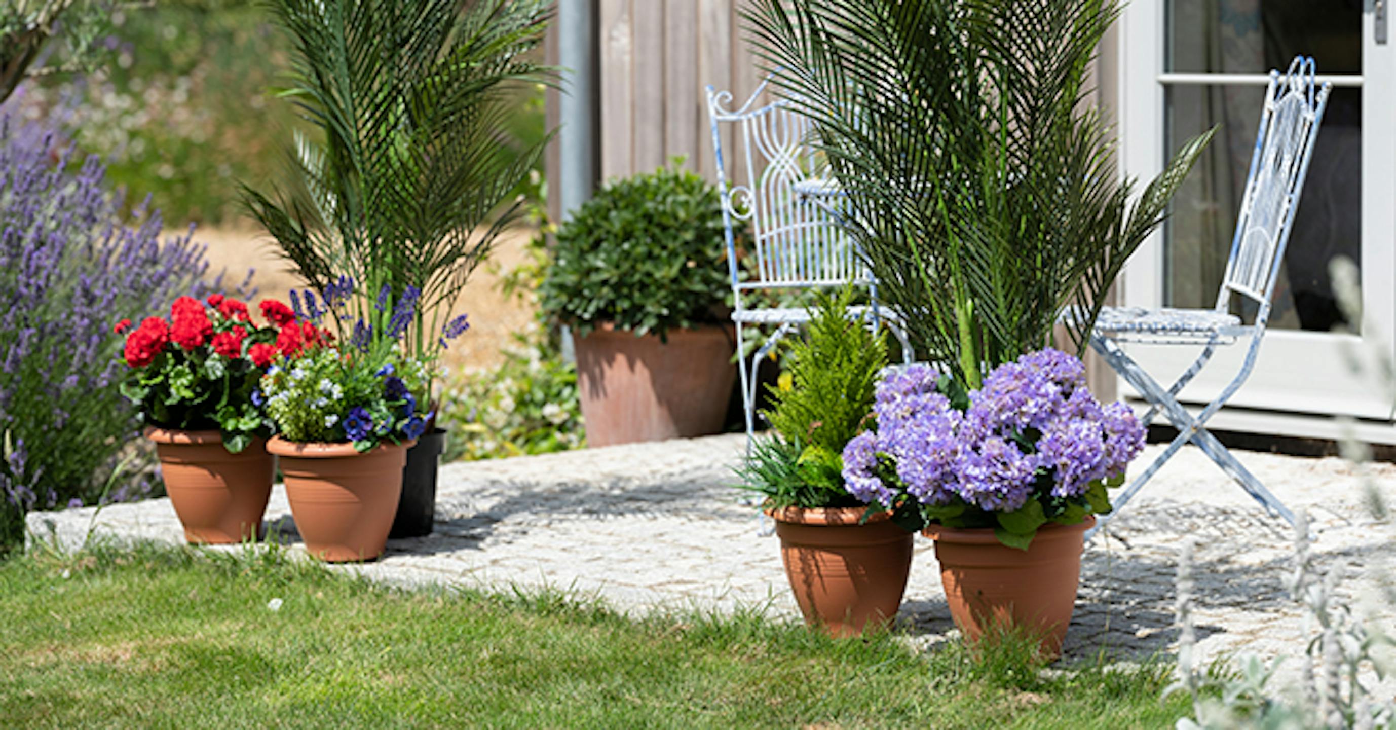 artificial outdoor patio planters on patio