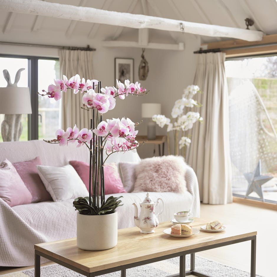 Artificial pink phalaenopsis blume orchid on coffee table in white living room