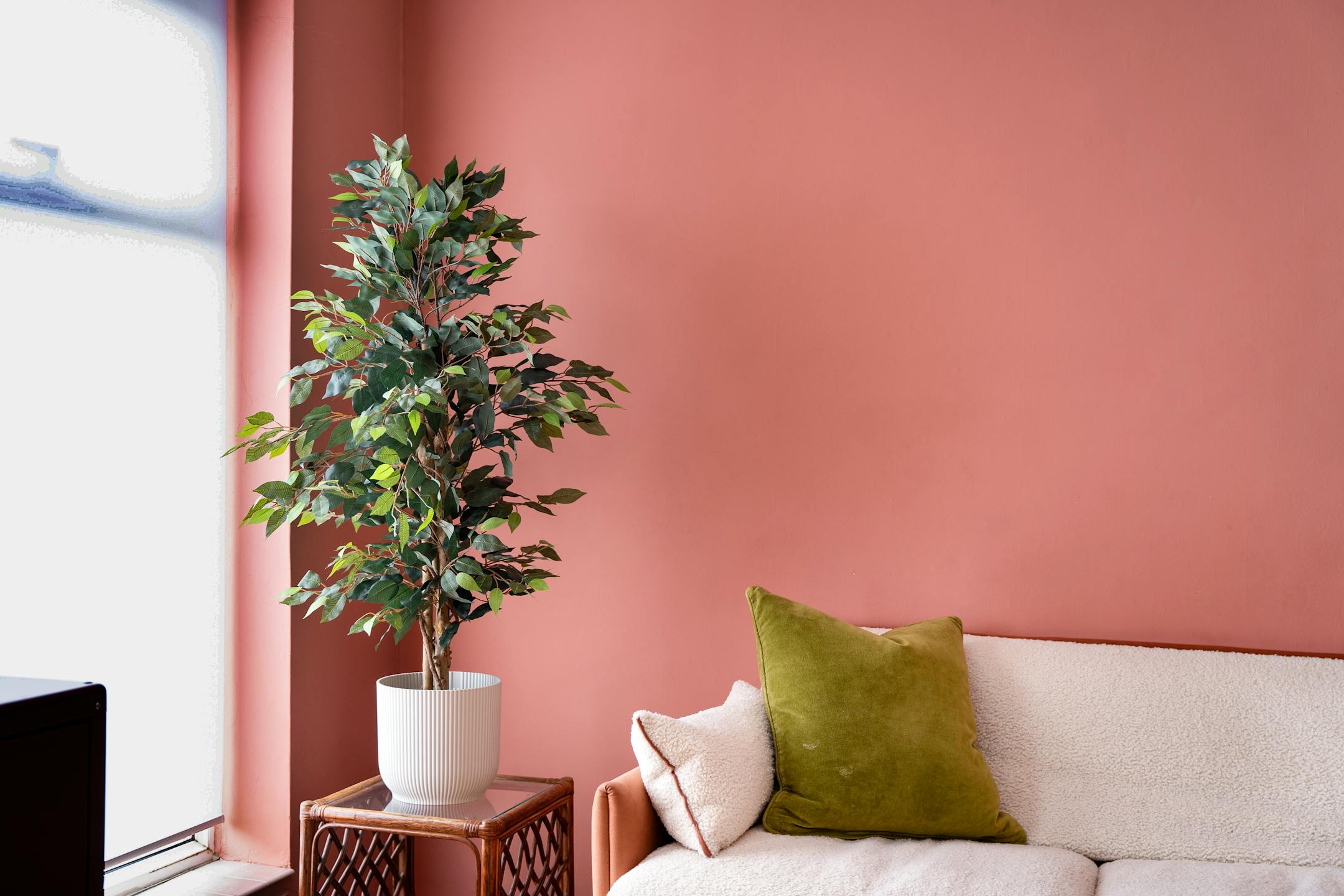 Artificial green 120cm ficus tree in pink living room