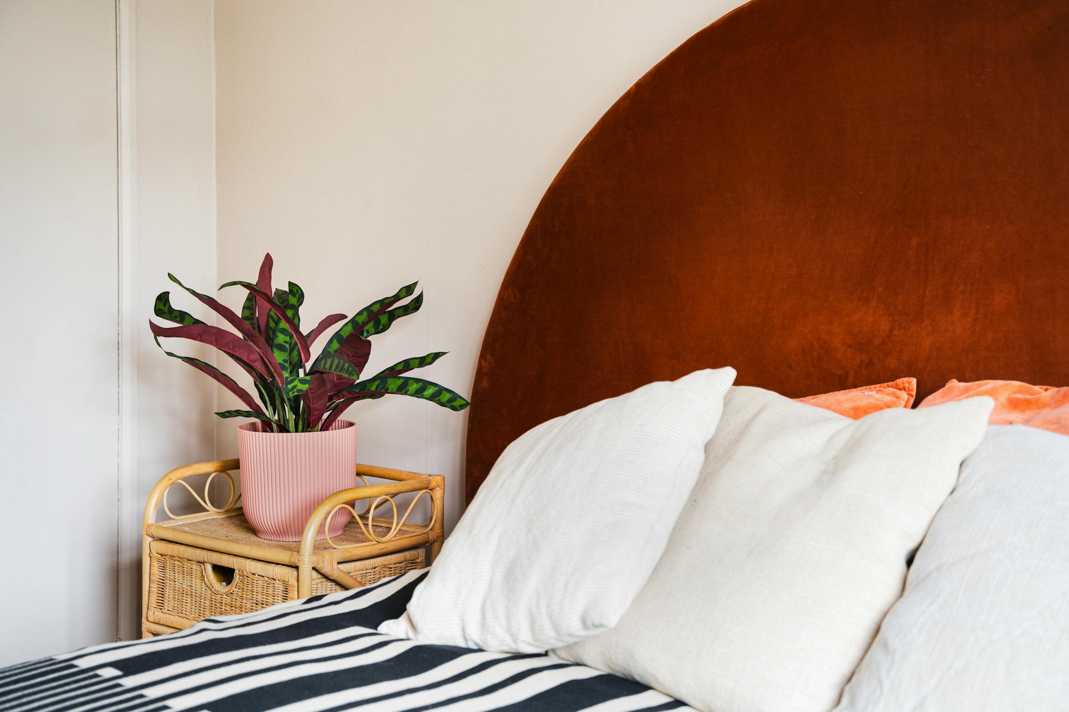 Faux rattlesnake calathea on rattan bedside table next to orange bed