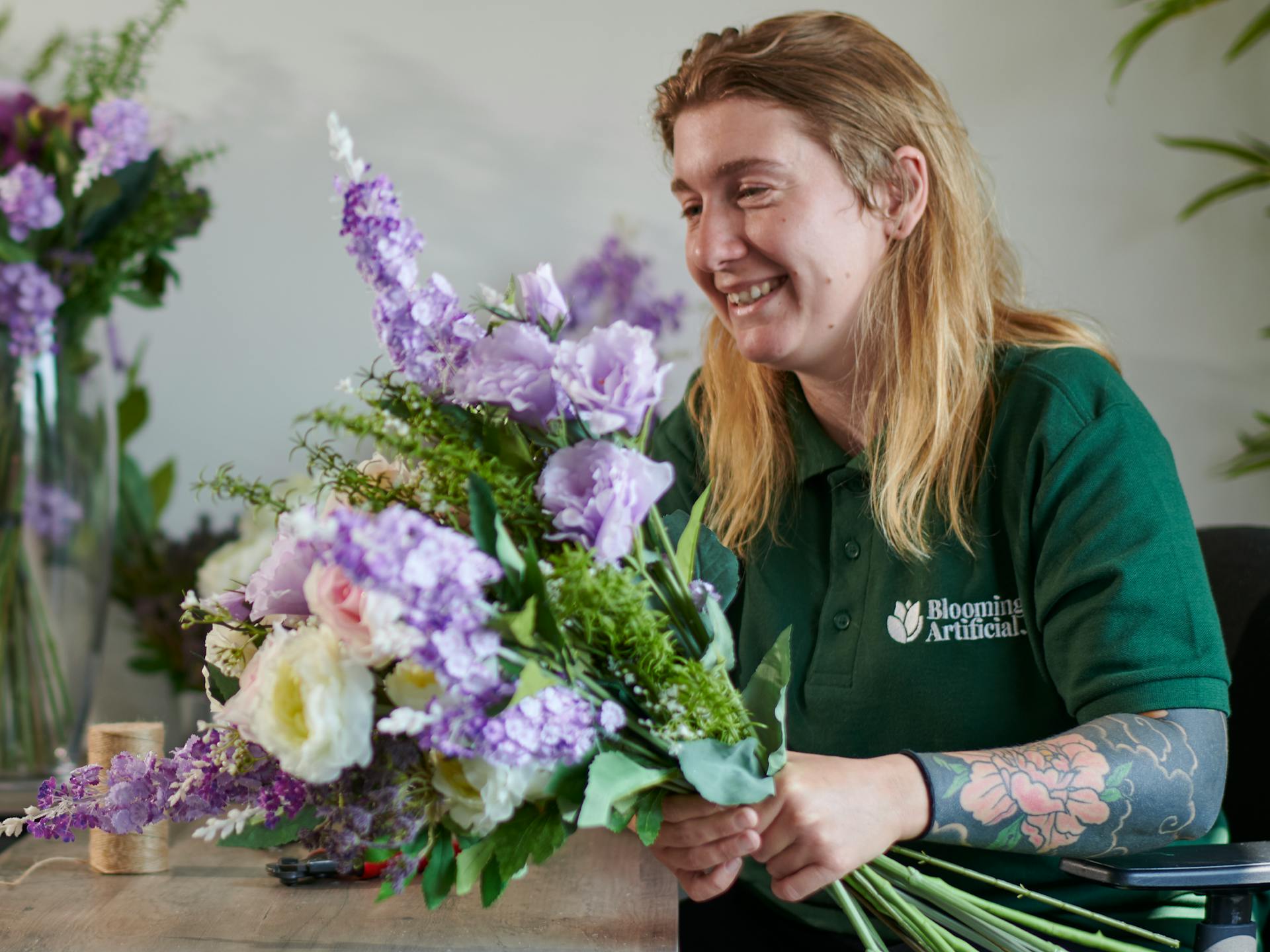 Arranging artificial amethyst bouquet