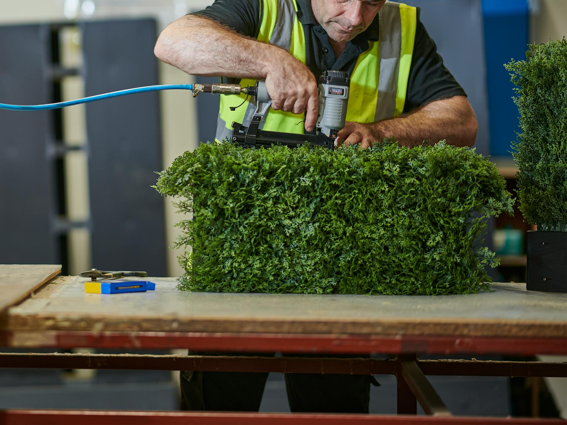 Person building an artificial hedge
