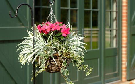 Artificial hanging basket on patio