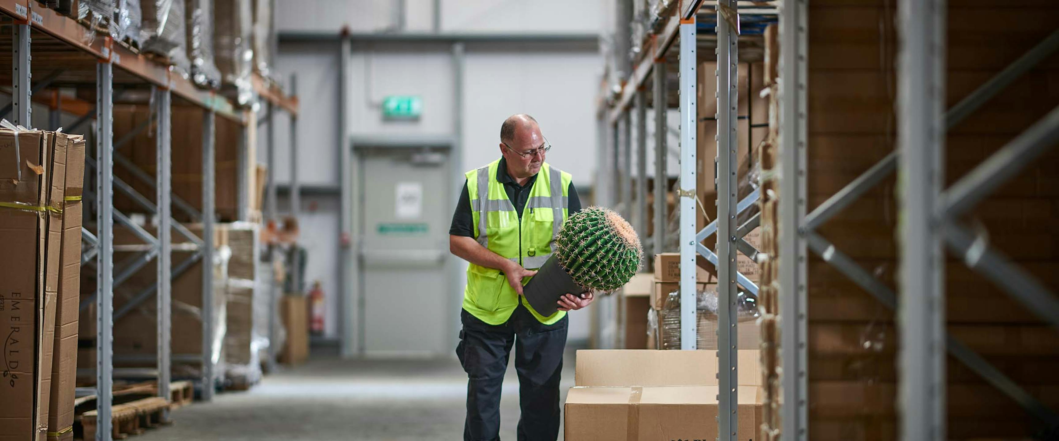 Blooming Artificial warehouse worker picking a faux cactus