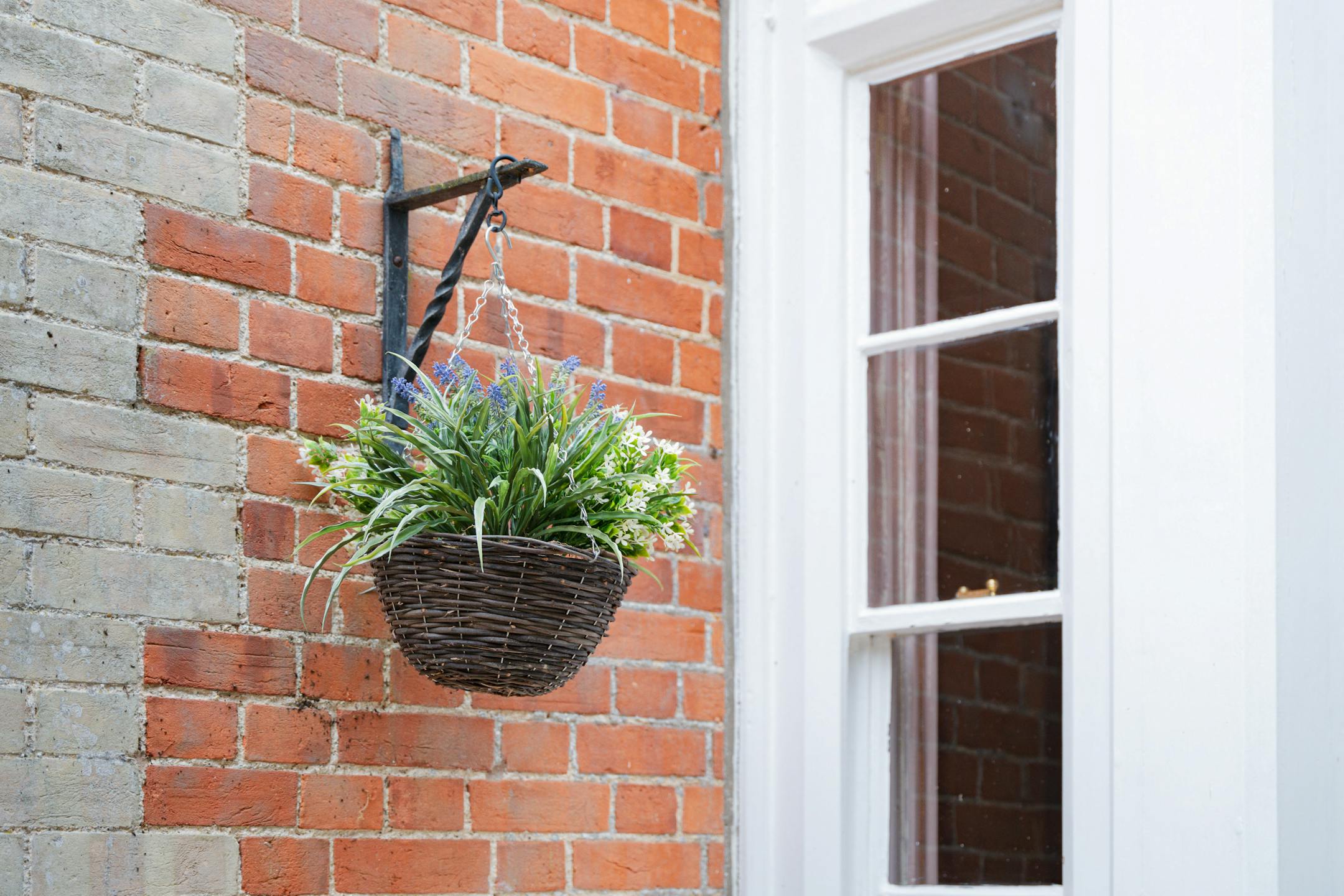 Artificial white lavender and starflower hanging basket