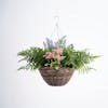 Artificial pink and purple wild flower hanging basket