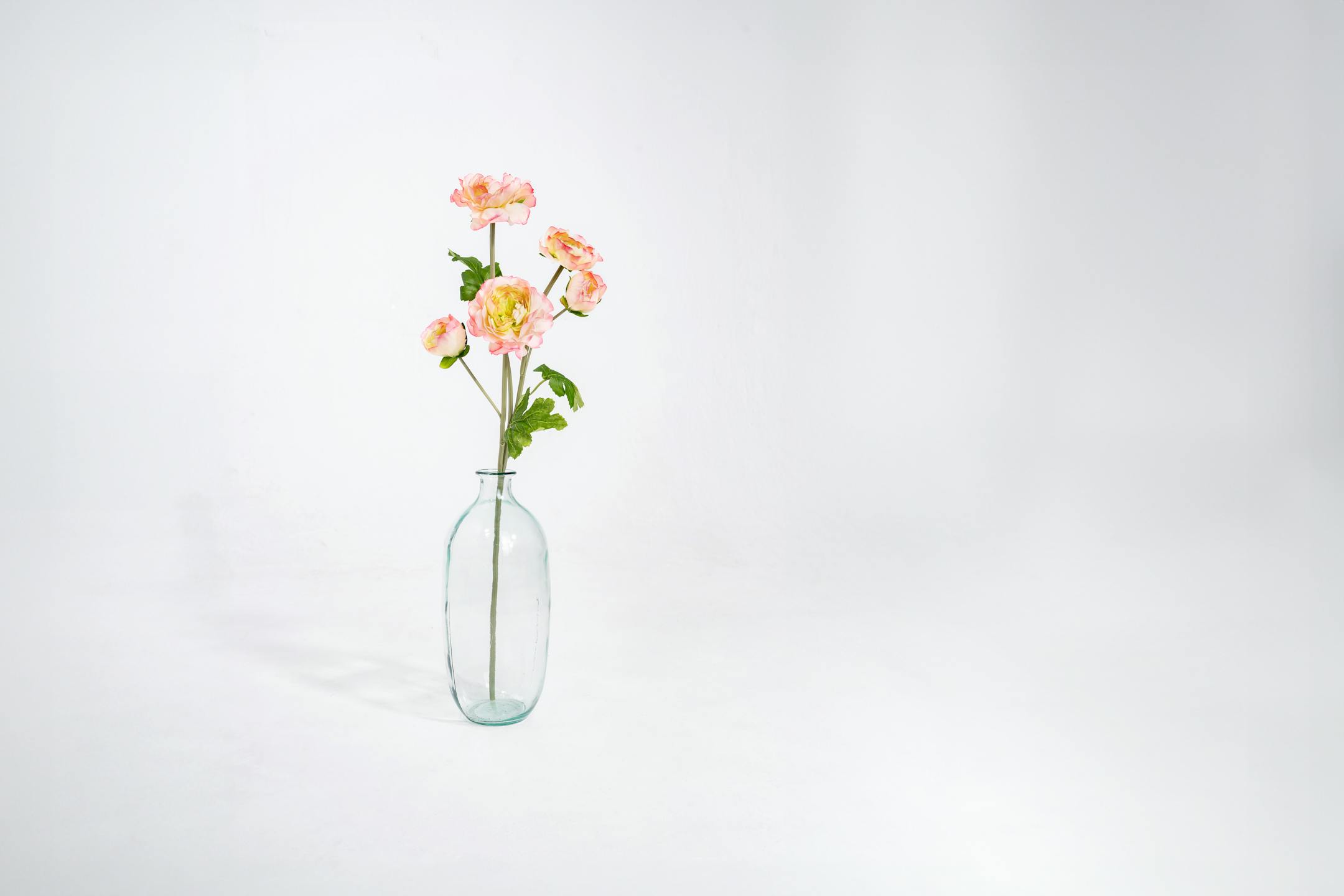 Coral artificial ranunculous stem in glass vase