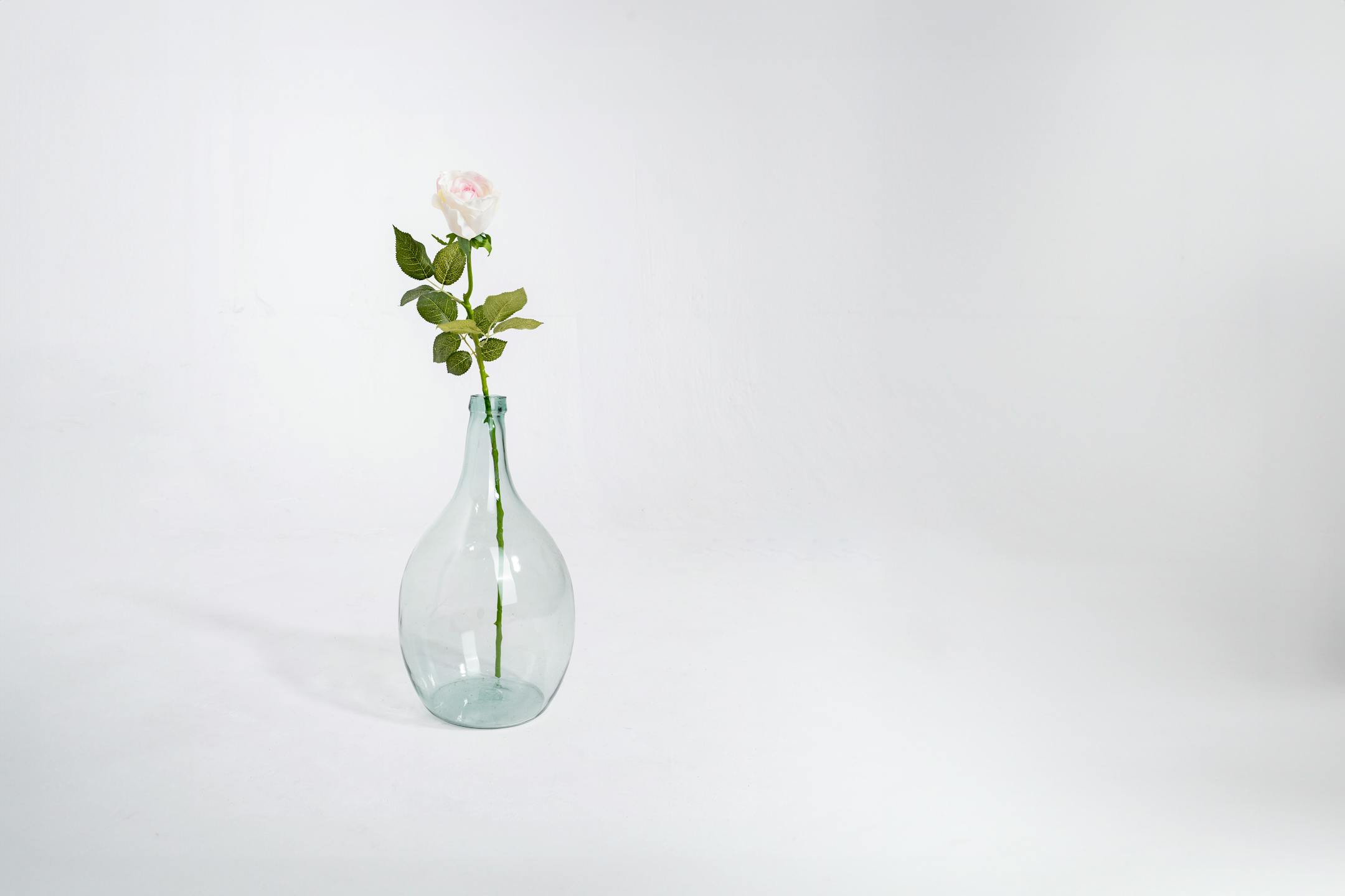 White pink artificial rose stem in glass vase