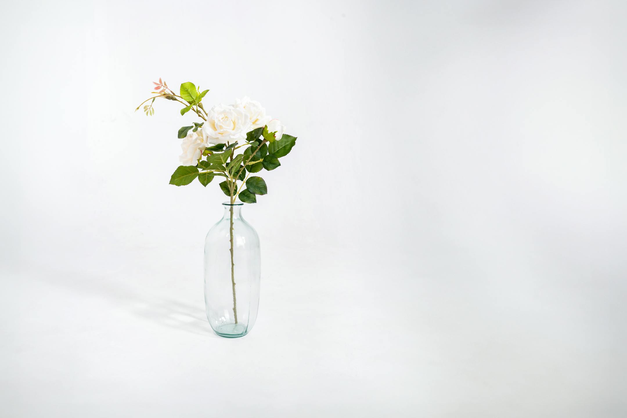 Artificial wild rose stem in glass vase