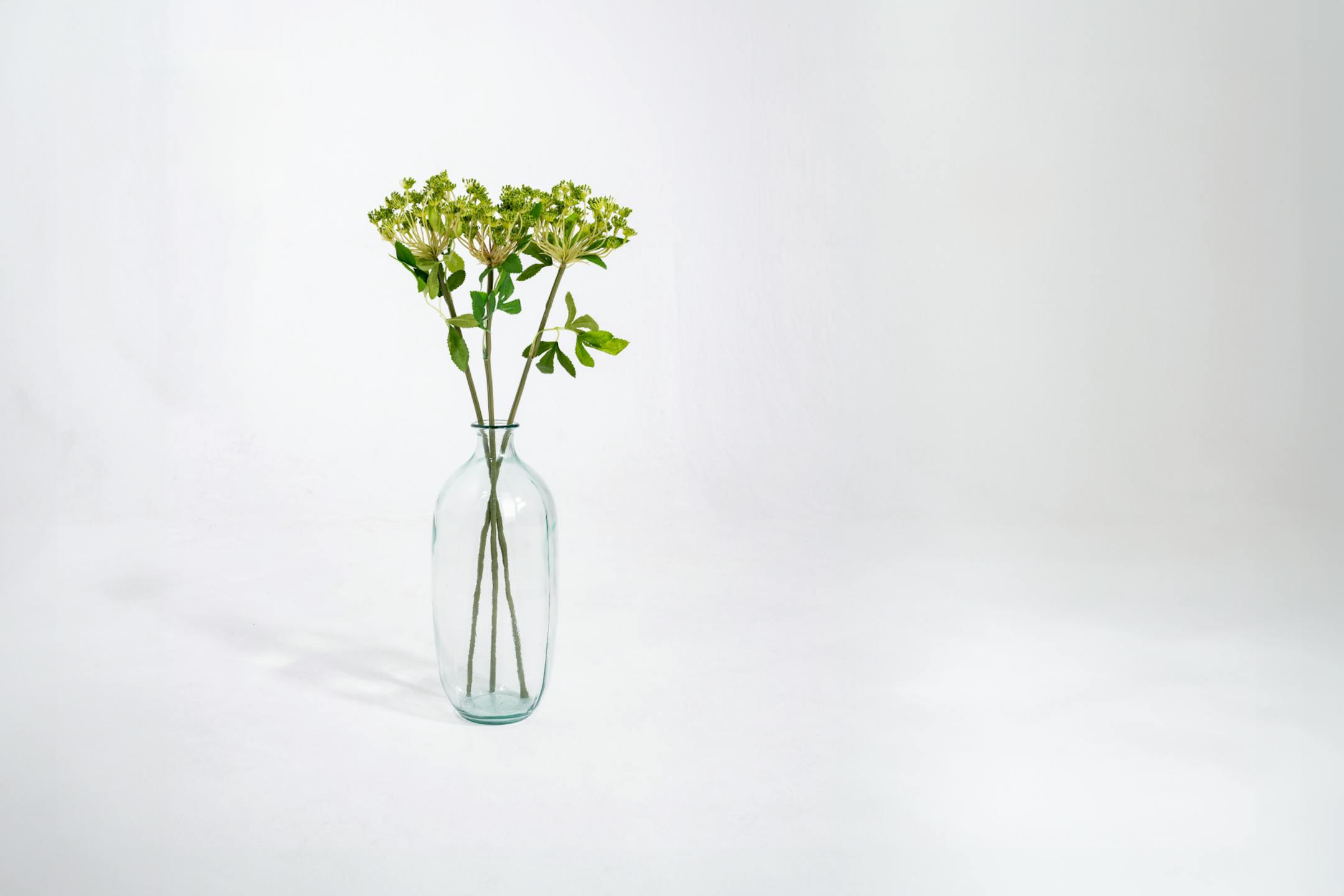 Three green artificial viburnum stems in glass vase