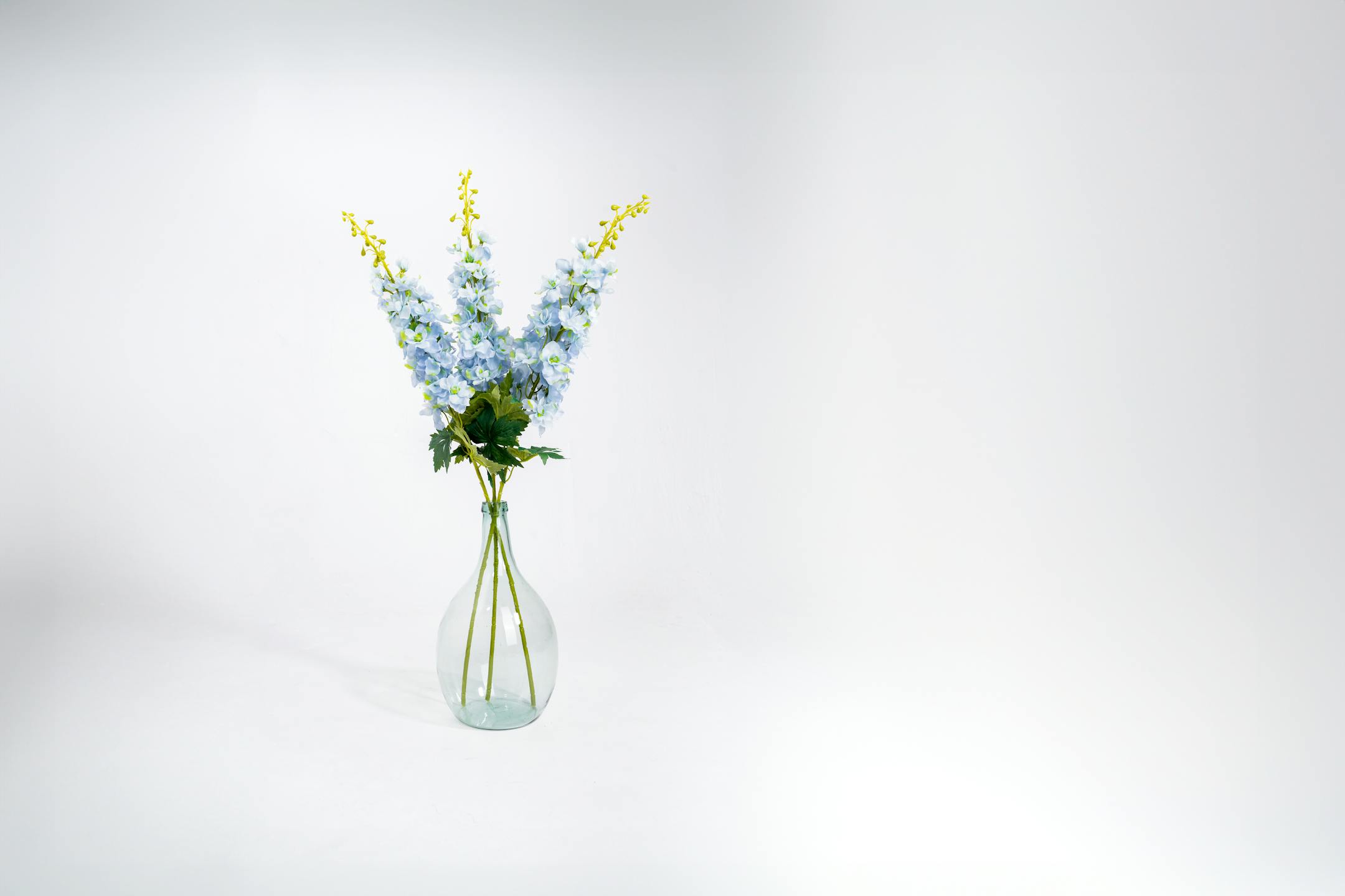 Blue artificial delphinium stems in glass vase