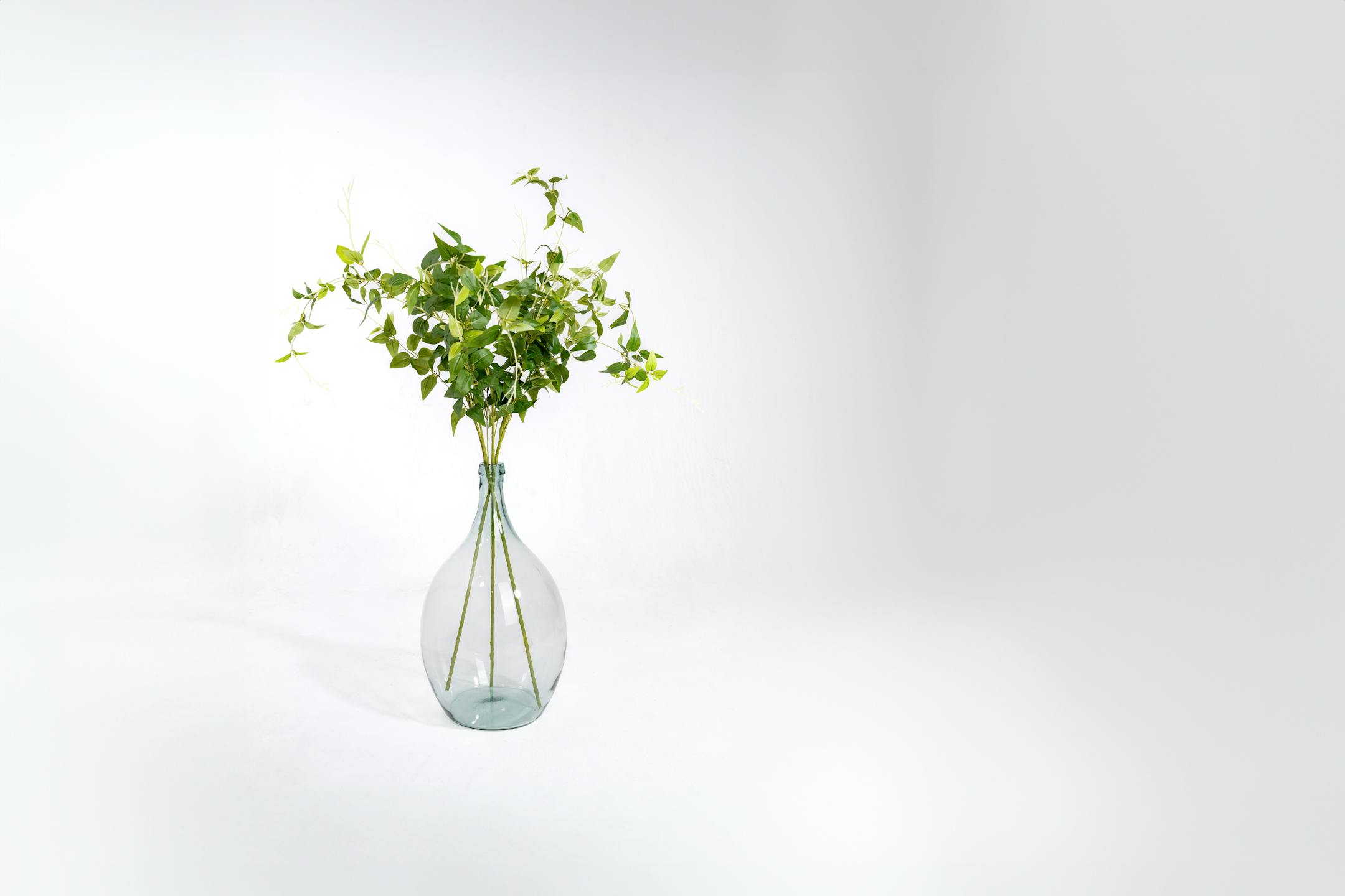 Three artificial clematis sprays in glass vase