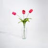 Three pink artificial tulip stems in glass vase