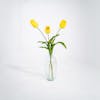 Three yellow artificial tulip stems in glass vase