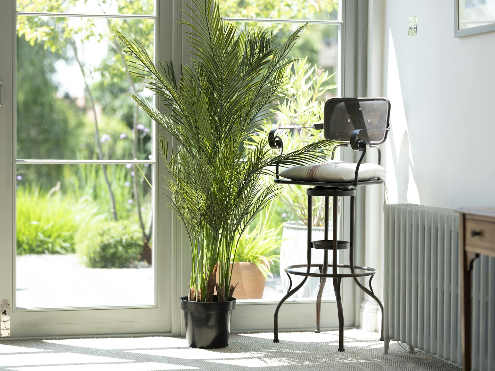 Artificial areca palm by bright window with black metal stool
