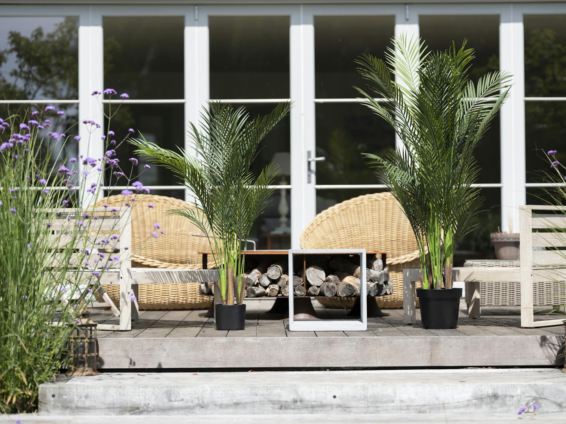 120cm artificial areca palm tree on decking outside