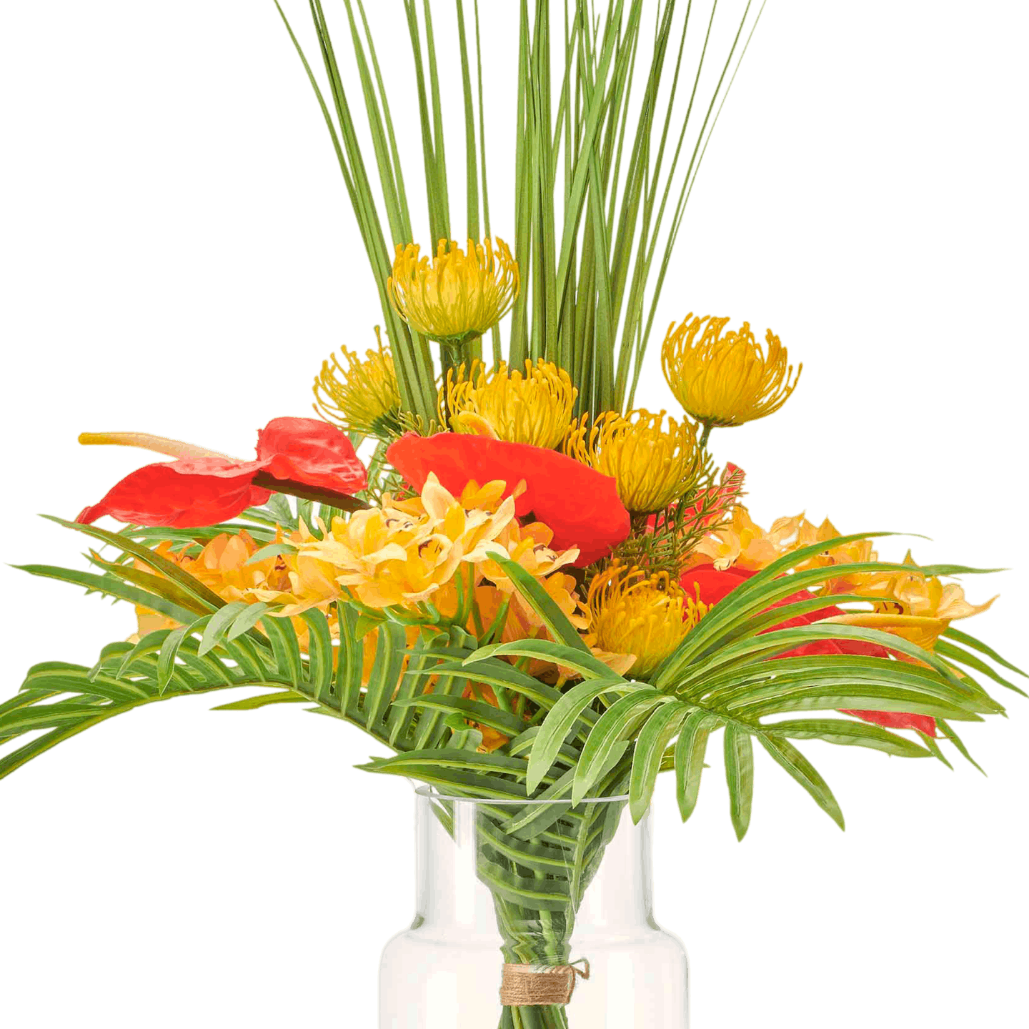 Artificial Bahama mama bouquet in a glass vase
