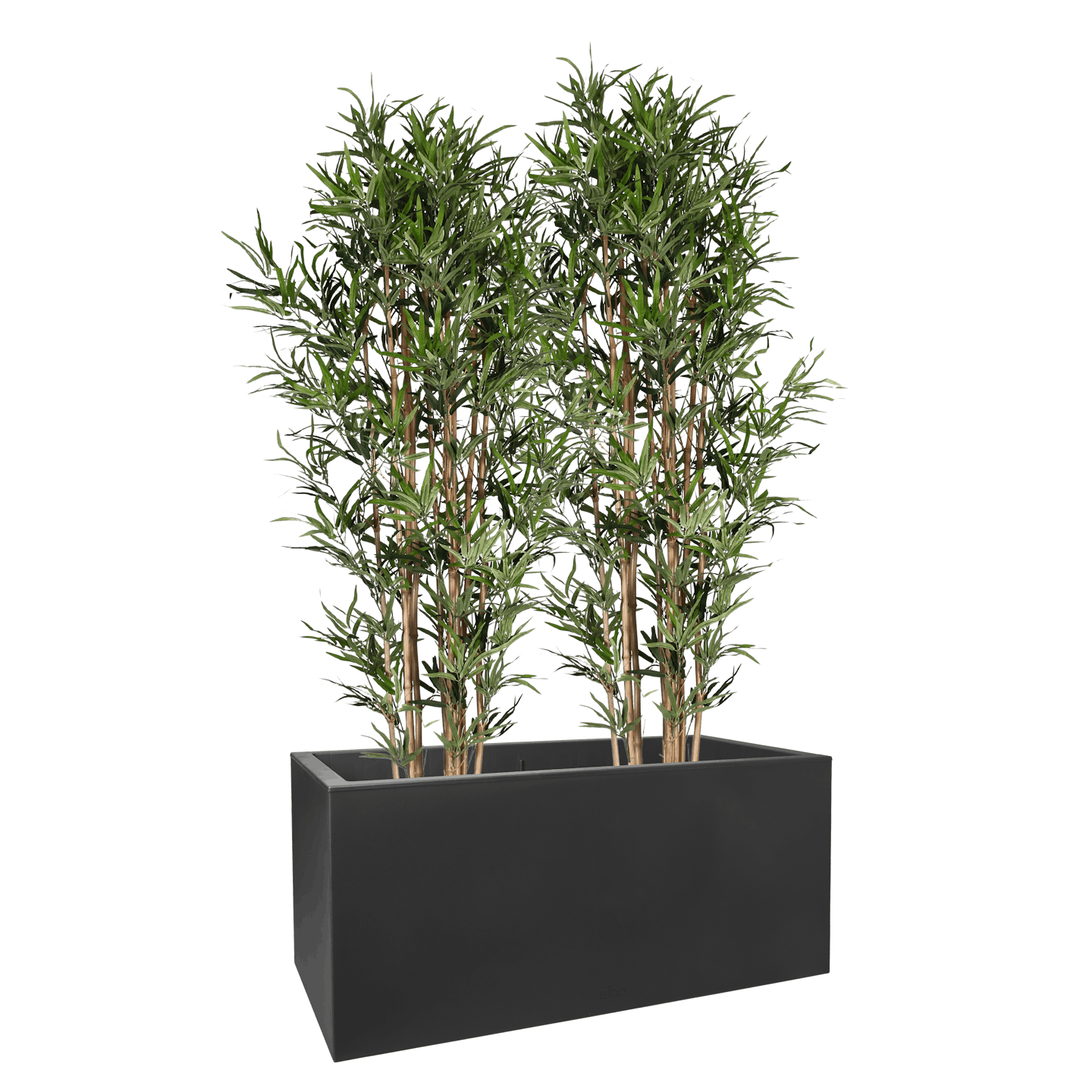 2 tree bamboo screening planter on wheels. Outdoor artificial bamboo in black mobile planter.