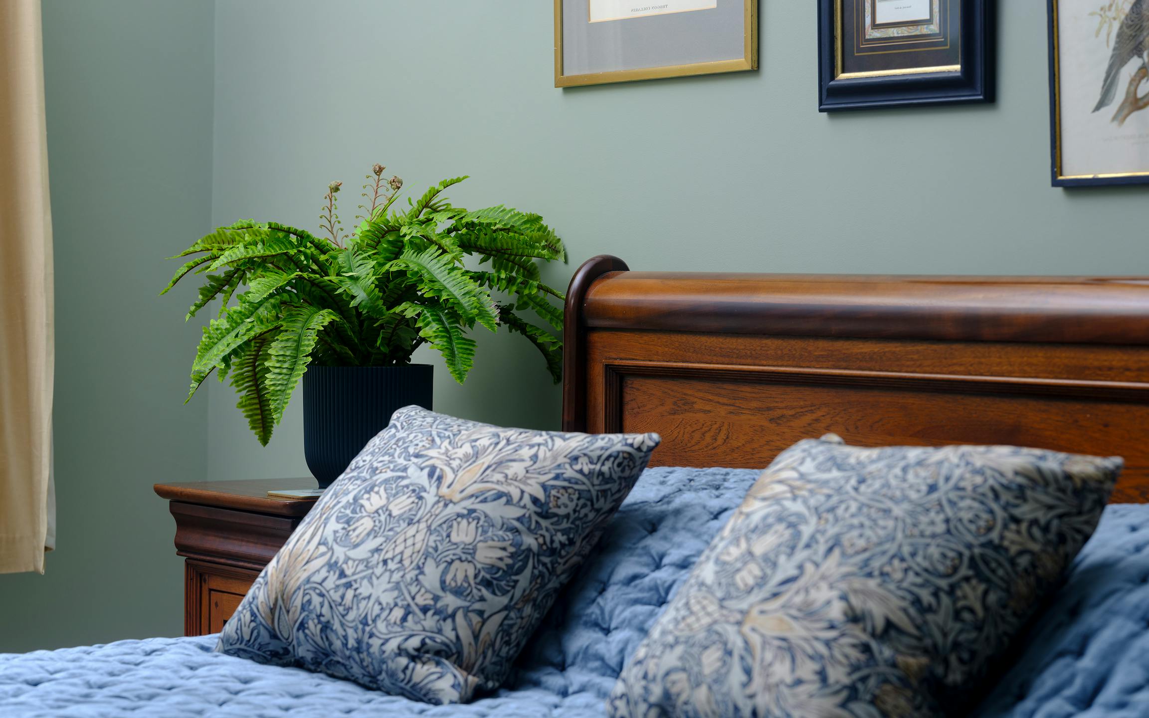 Faux Boston sword fern on bedside table - potted in deep blue planter