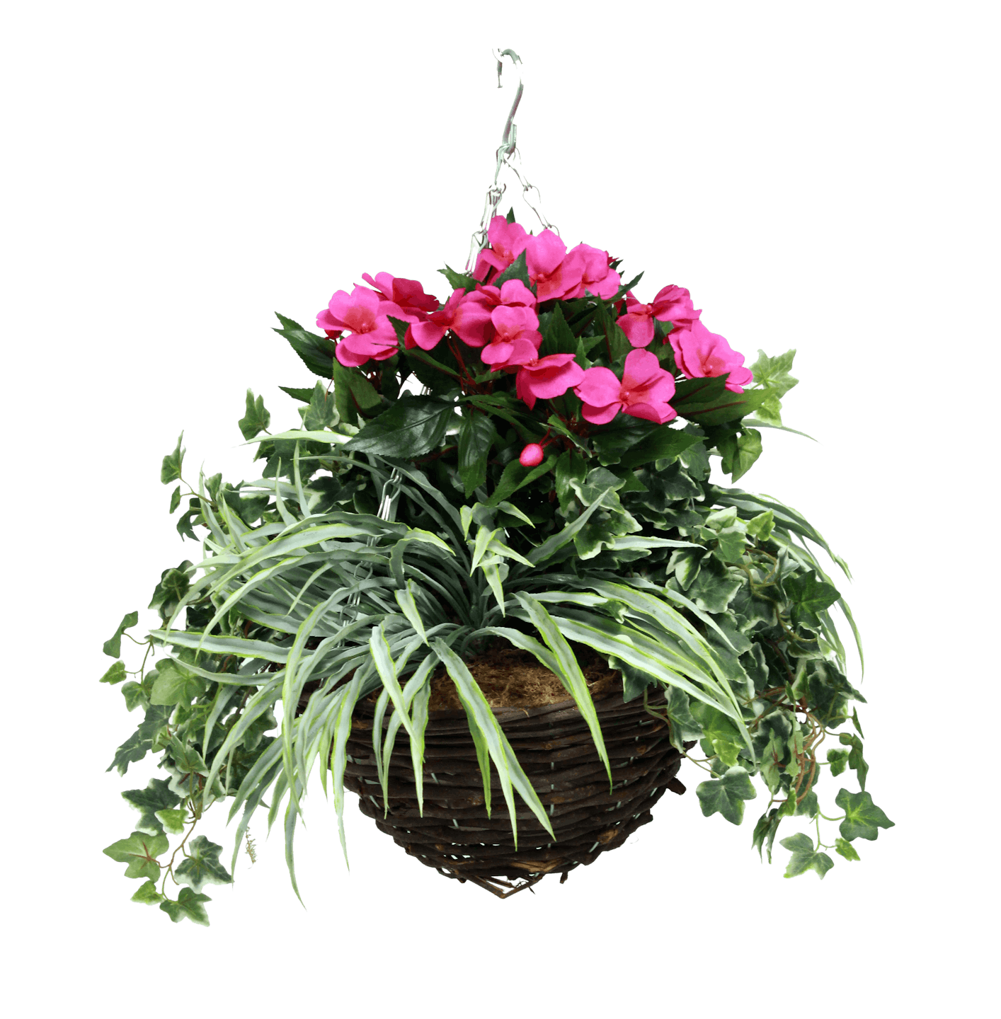 Artificial busy lizzie hanging basket hot pink