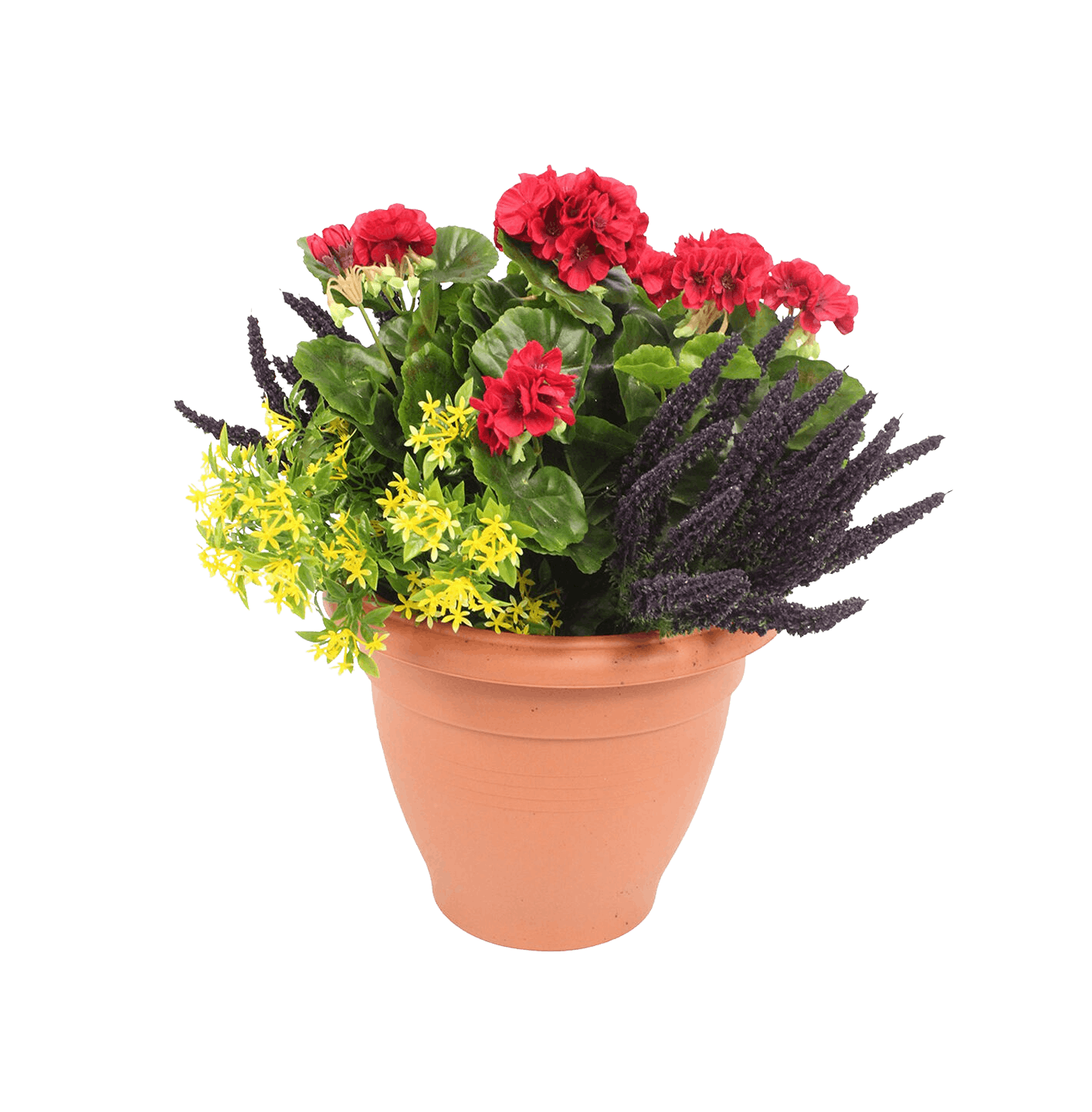 Artificial erica & geranium patio planter red and yellow