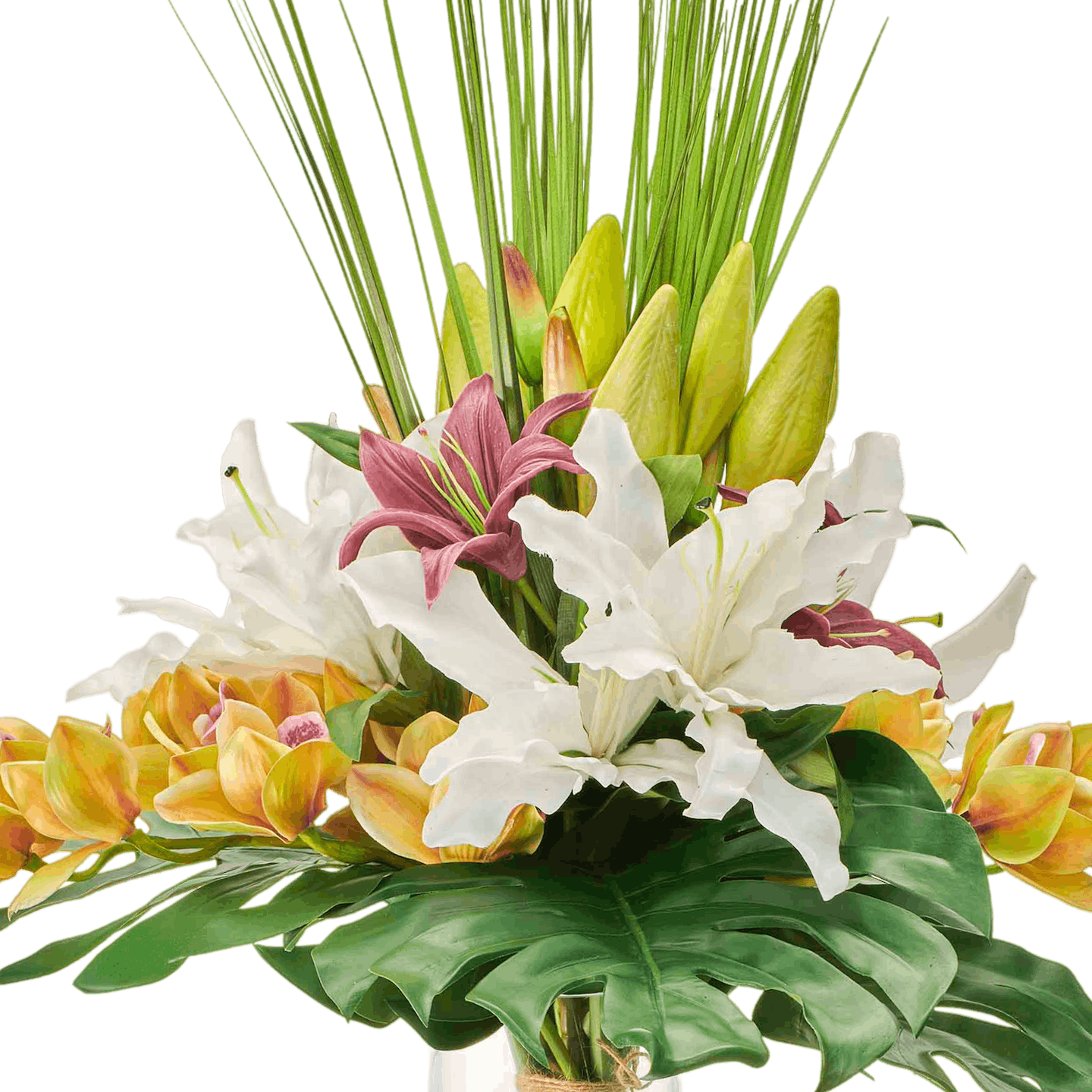 Artificial exotic bouquet in a glass vase