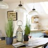 Artificial foxtail grass on kitchen table with magazine and wineglass