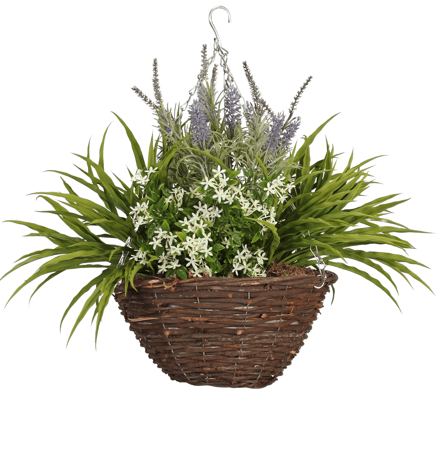 Artificial lavender & starflower hanging basket white