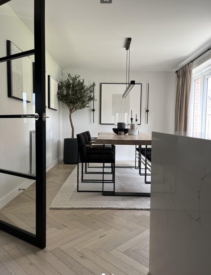 Faux Ligurian olive tree in neutral dining room