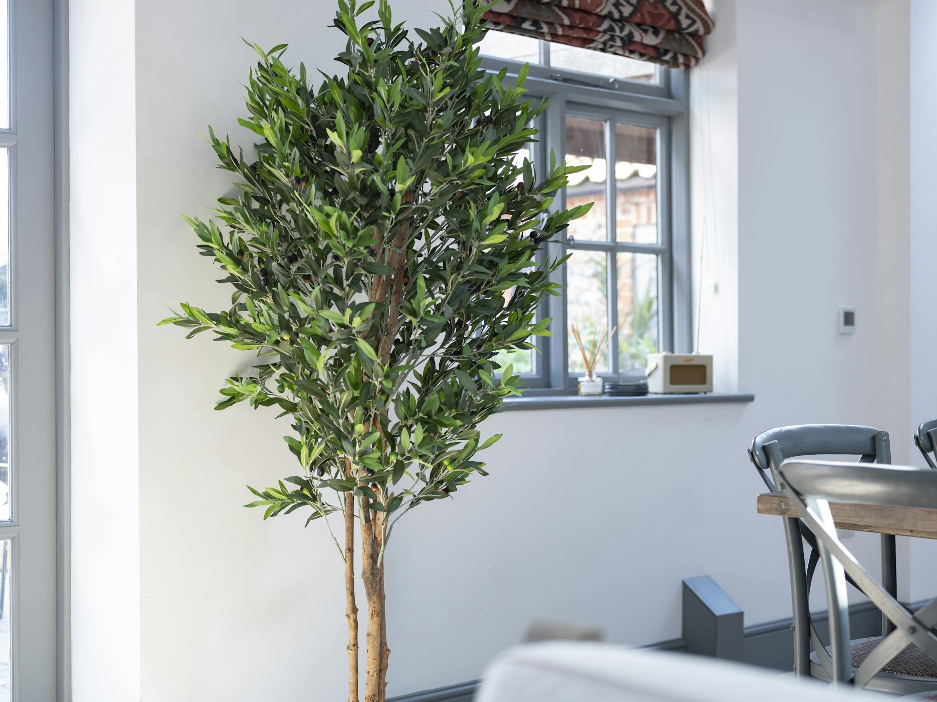 Artificial olive tree in dining room