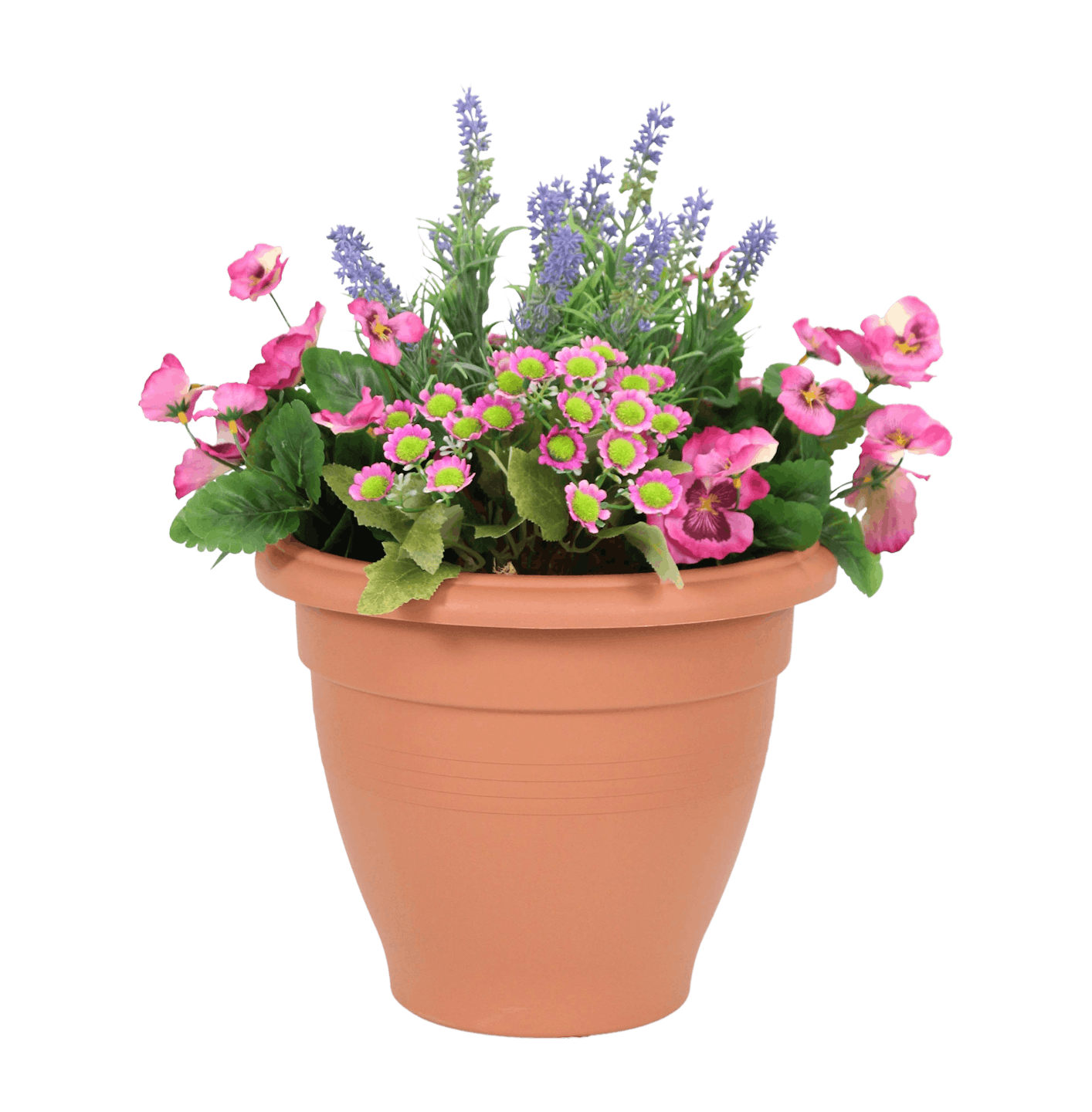 Faux pink pansy & lavender patio planter