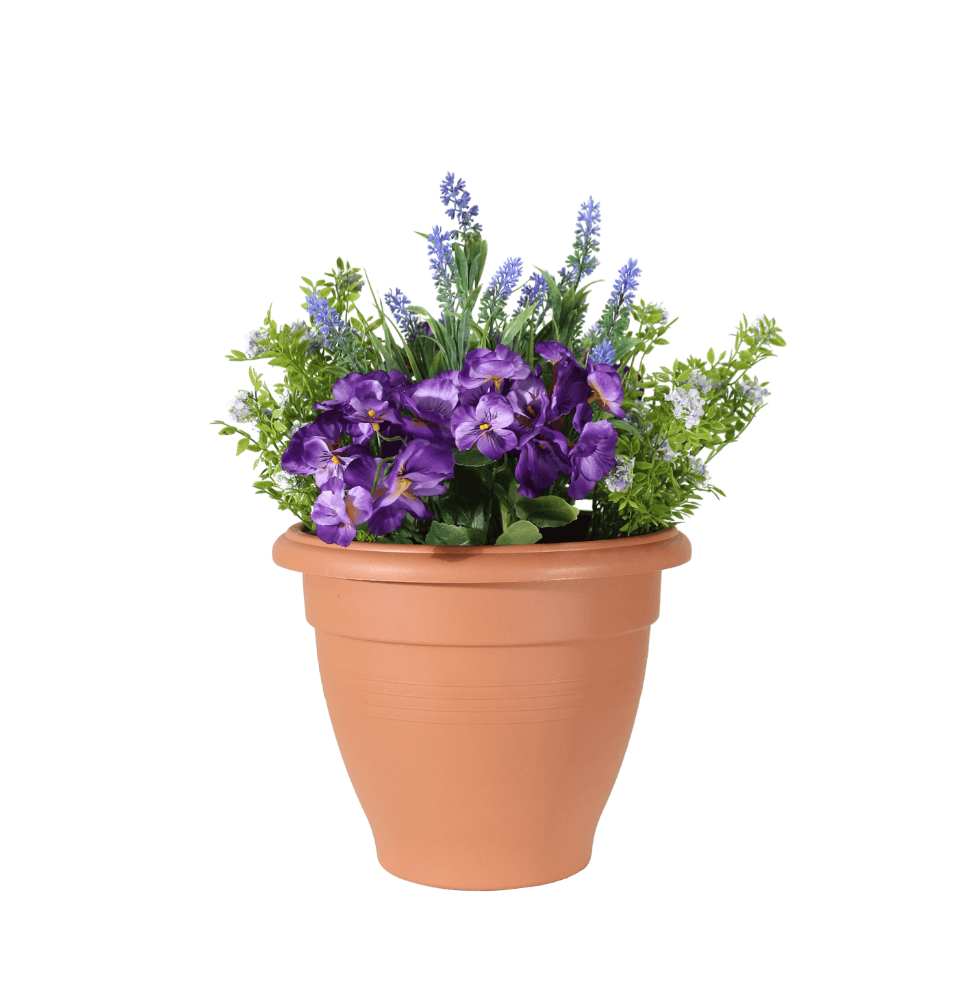 Artificial purple pansy and lavender patio planter