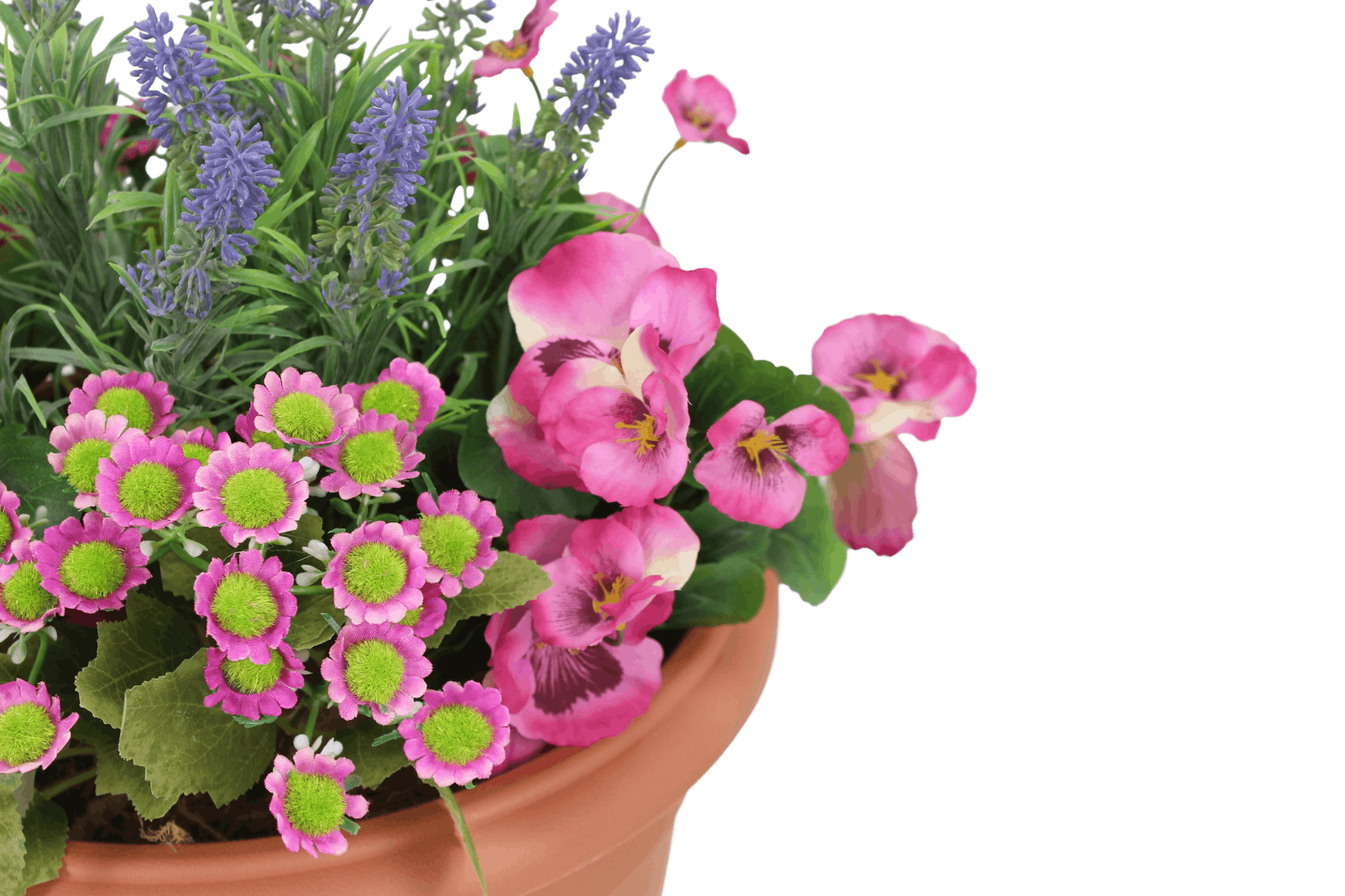 Faux pink pansy & lavender patio tub flowers