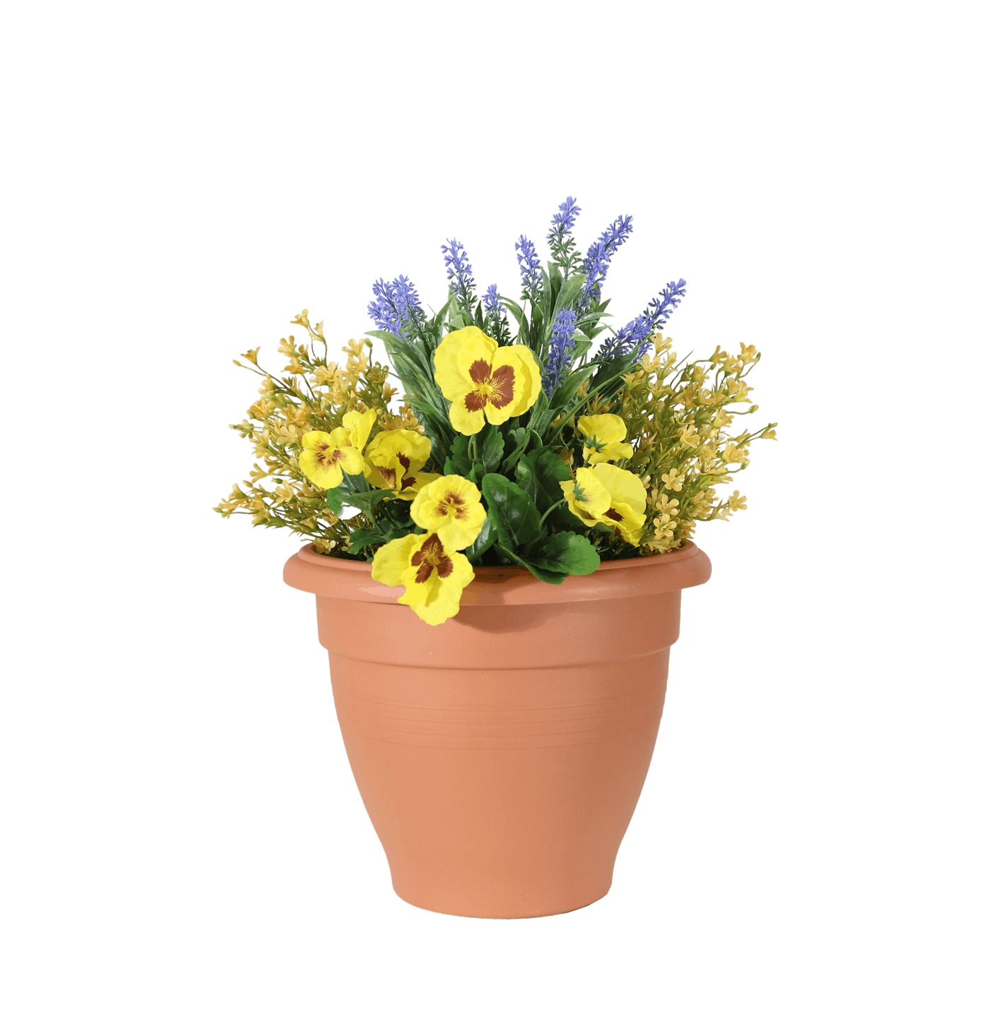 Artificial yellow pansy and lavender patio planter