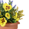 Artificial yellow pansy and lavender patio planter close up