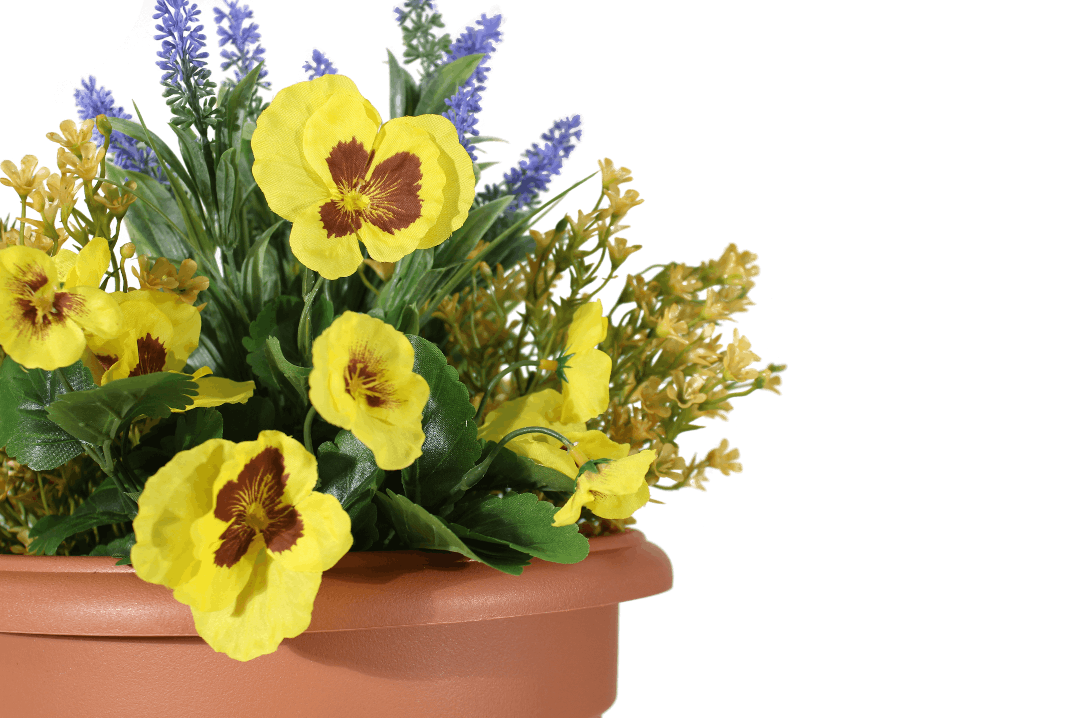 Artificial yellow pansy and lavender patio planter close up