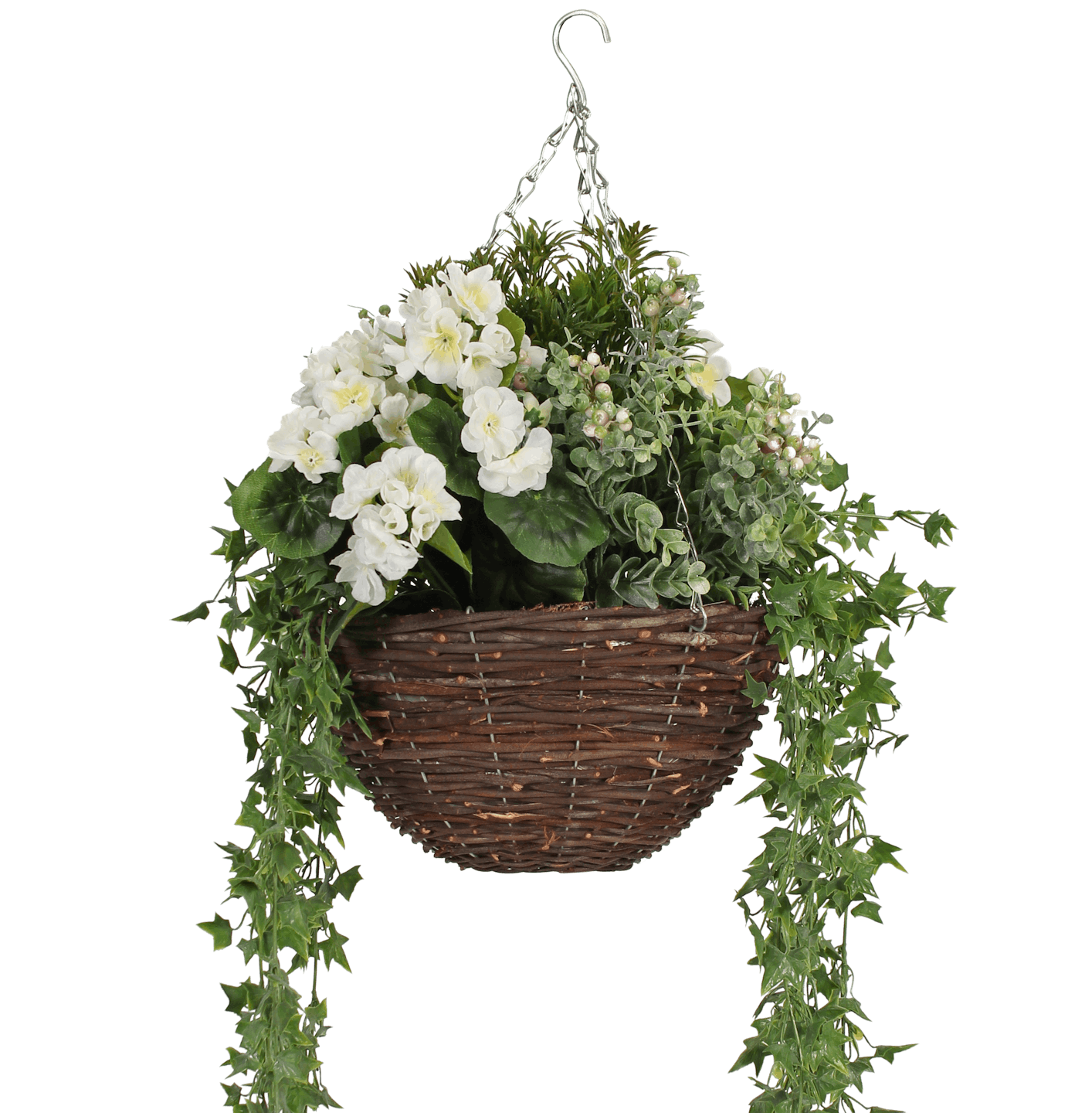 Artificial wild berry & geranium hanging basket cream