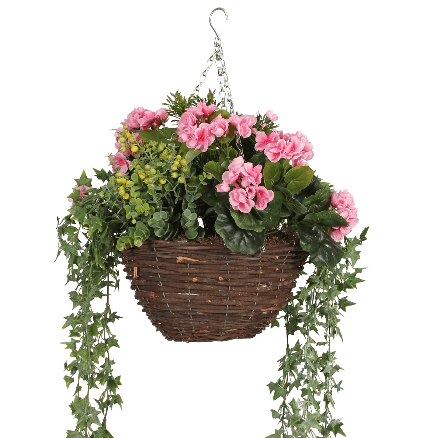 Artificial wild berry & geranium hanging basket pink