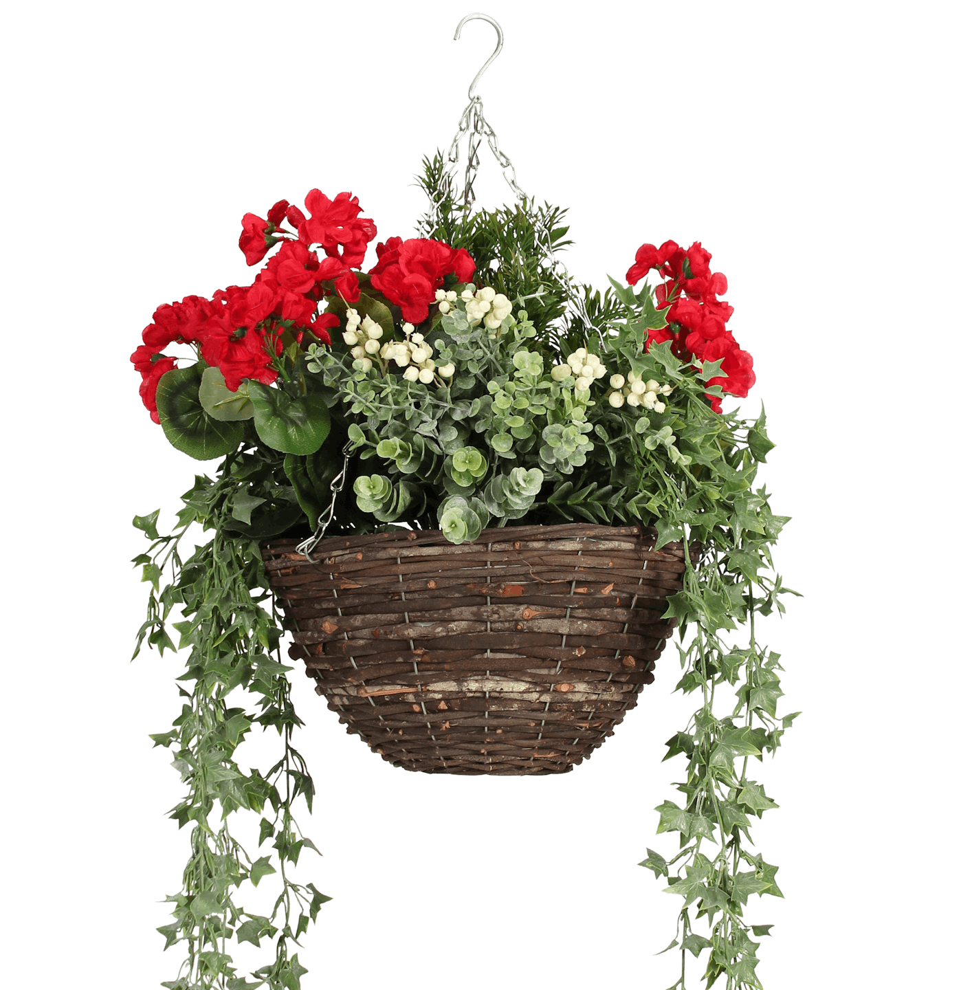 Artificial wild berry & geranium hanging basket red