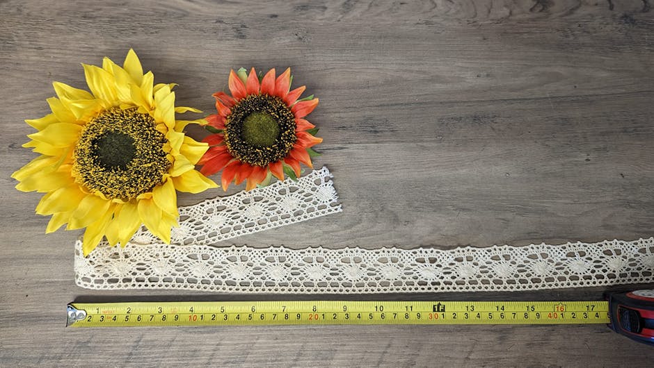 woven, boho lace on a table with sunflowers and a tape measure